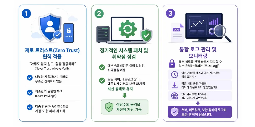 핵심 IT 보안 전략 3가지 인포그래픽 — ① 제로 트러스트 원칙 적용 ② 정기적인 시스템 패치·취약점 점검 ③ 통합 로그 관리·모니터링